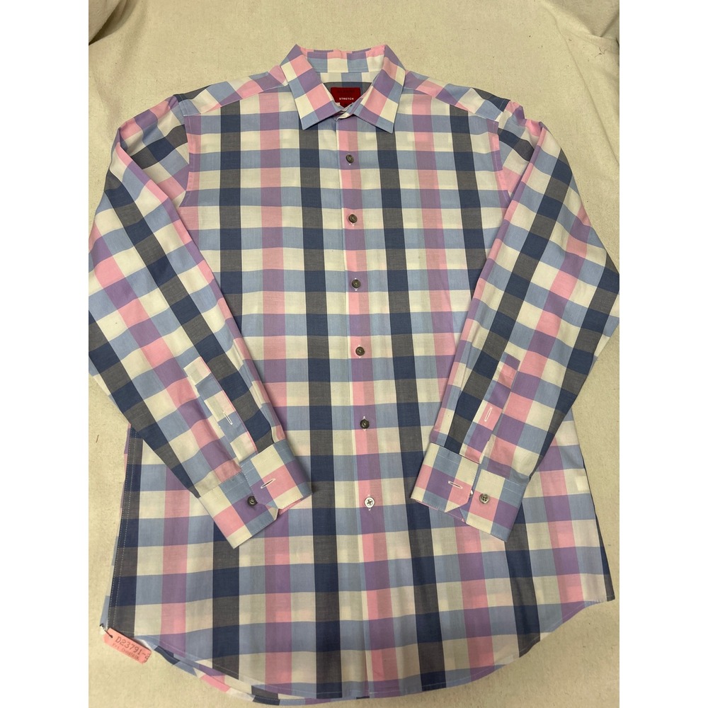 Alfani Slim Fit Stretch Shirt Mens Medium 15-15.5 Pink Purple Blue Plaid L/S